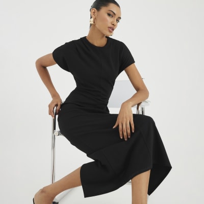 Black Short Sleeve Side Drape Midi Dress