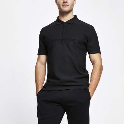 Black short sleeve slim fit polo shirt | River Island
