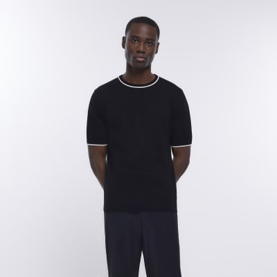 Black short sleeve slim tipped knitted t-shir | River Island