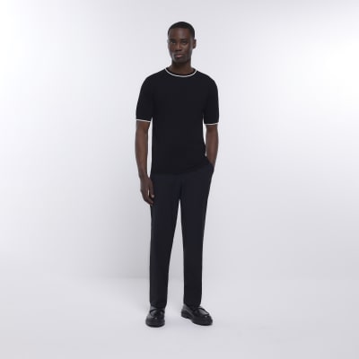 Black short sleeve slim tipped knitted t-shir | River Island