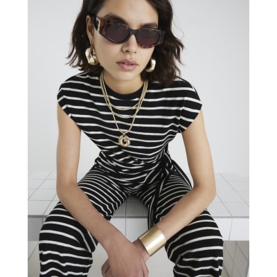 Black Short Sleeve Stripe Knot Side T-shirt