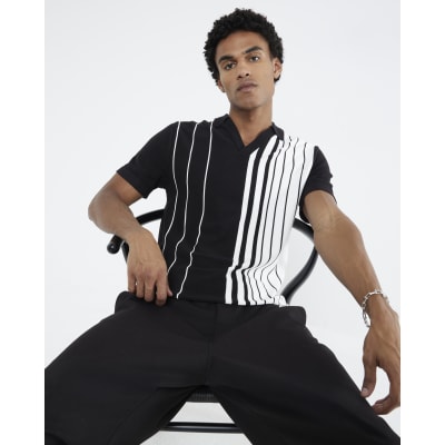 Black Short Sleeve Striped Open Collar Shirt