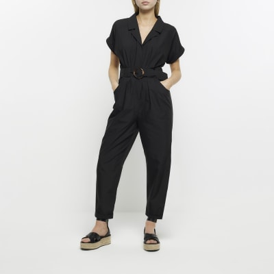 Black short sleeve utility jumpsuit River Island