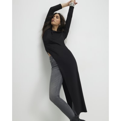 Black Shoulder Pad Long Asymmetric Top