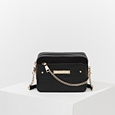 Black side chain boxy cross body handbag