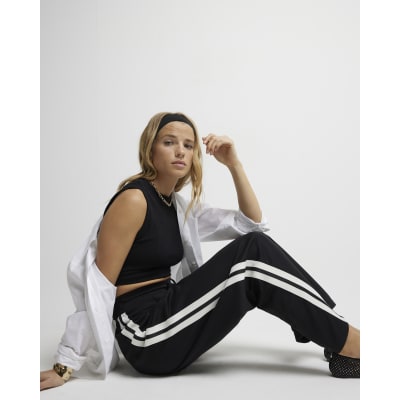 Black side stripe wide leg joggers River Island