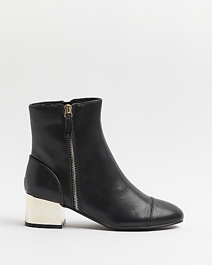 Black side zip block heel ankle boots