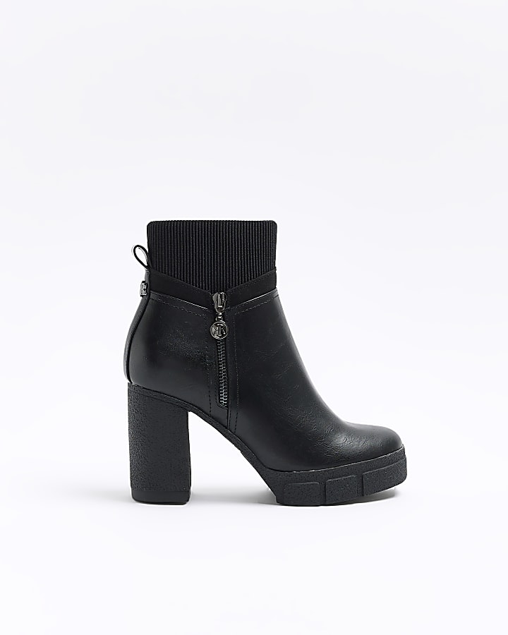 Black side zip heeled ankle boots | River Island
