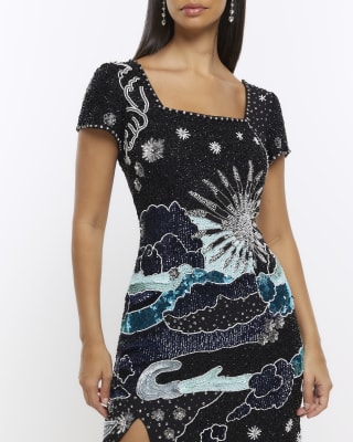 Black silk sequin detail bodycon mini dress