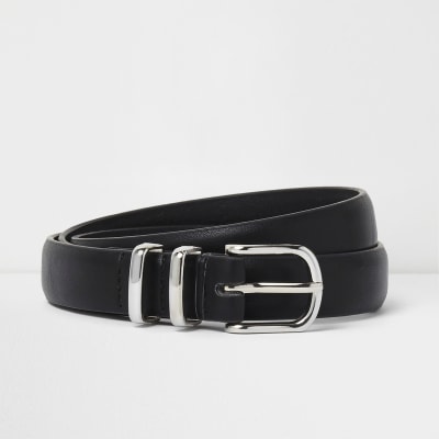 Black silver tone double hoop keeper belt