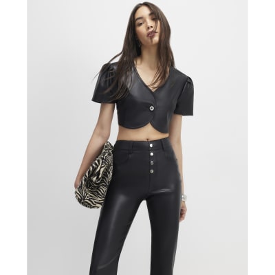 Black Single Button Faux Leather Crop Top