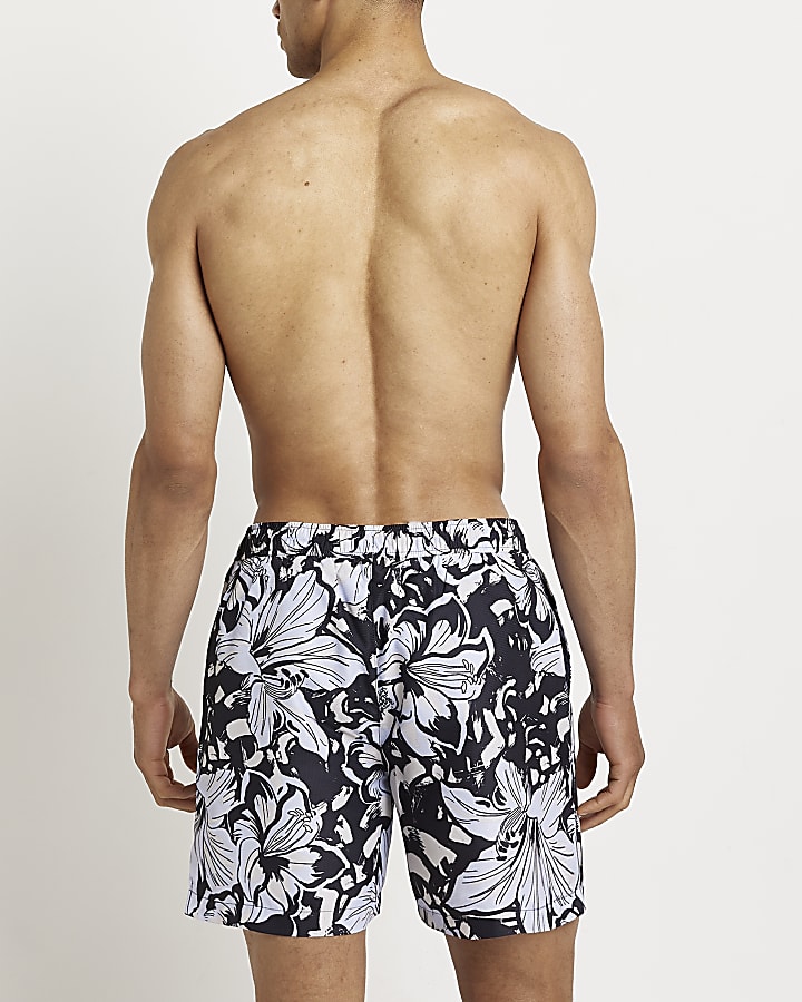 Black Skinny fit Floral Swim shorts