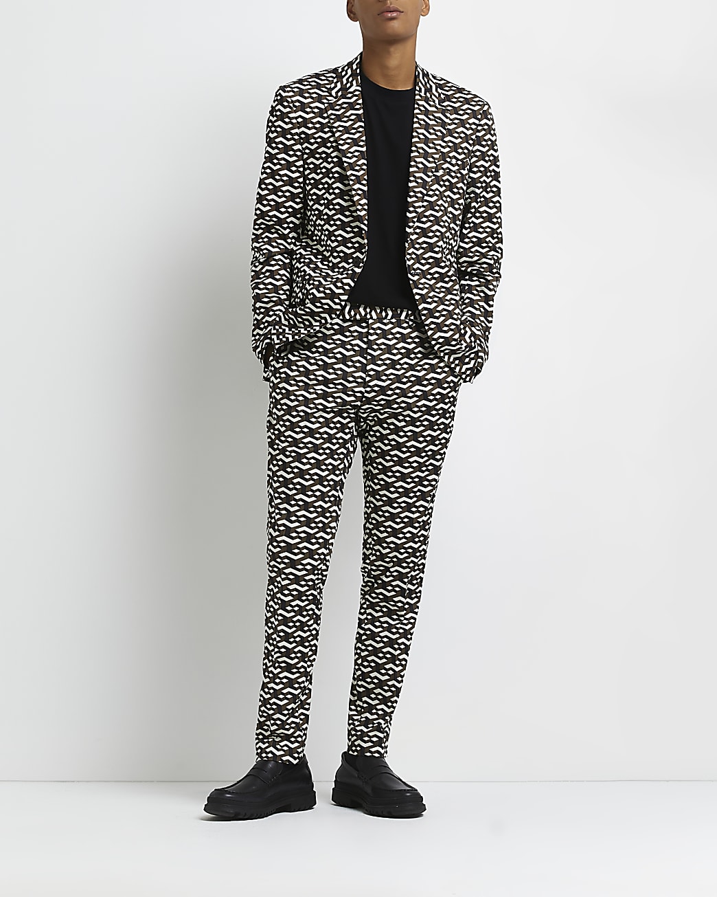Black skinny fit geo printed suit trousers