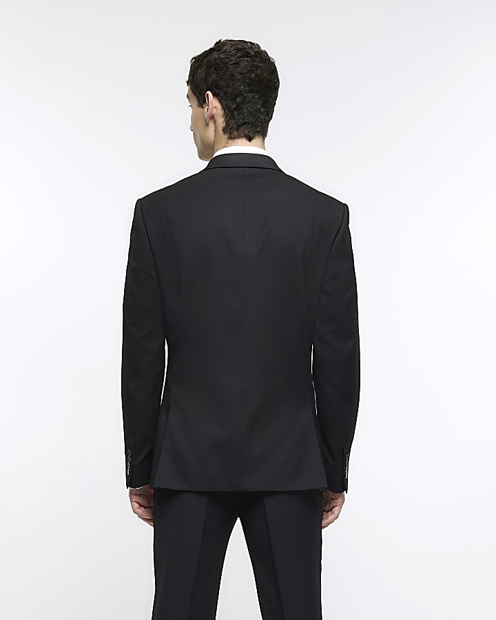 Black skinny fit herringbone suit jacket