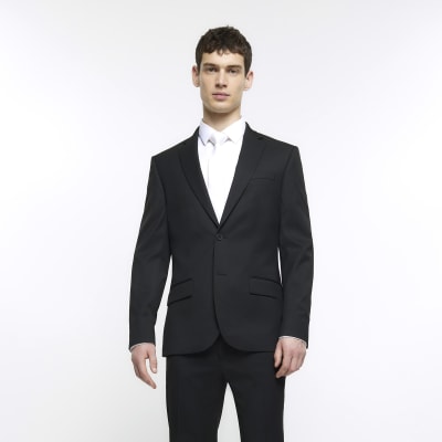 Black skinny fit herringbone suit jacket River Island