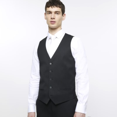 Black skinny fit herringbone waistcoat River Island
