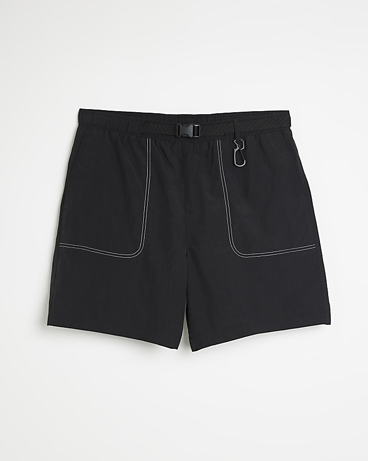 Black skinny fit utility belted swim shorts