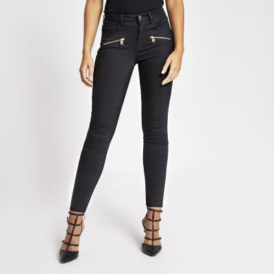 Black Skinny Zip Front Biker Denim Jeans River Island 