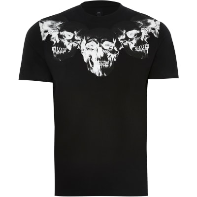 Black skull print slim fit t-shirt | River Island