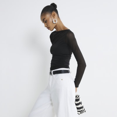 Black Slash Neck Ruched Mesh Top