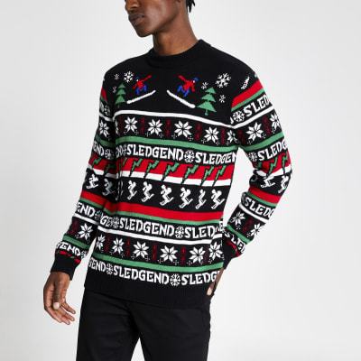 Black 'Sledgend' knitted Christmas jumper  River Island