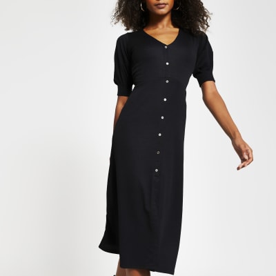 Black Sleeve Detail Button Down Midi Dress River Island