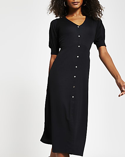 Black sleeve detail button down Midi dress