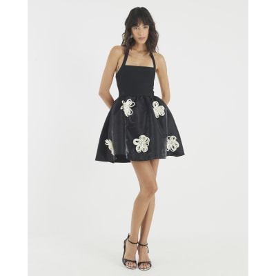Black Sleeveless 3D Floral Mini Dress