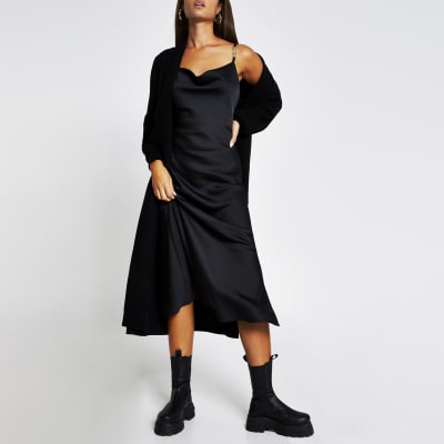 Black sleeveless cowl midi dress with trim | River Island