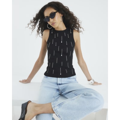 Black Sleeveless Diamante Ribbed Tank Top