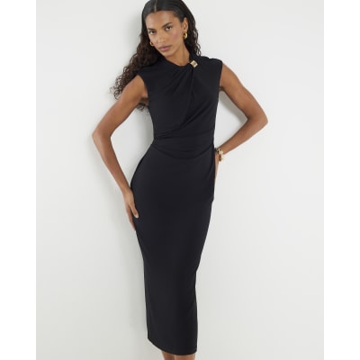 Black Sleeveless Gold Detail Ruched Dress