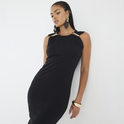 Black Sleeveless Gold Trim Midi Dress