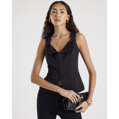Black Sleeveless Lace Trim Waistcoat