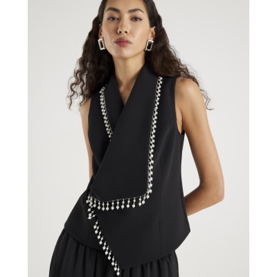 Black Sleeveless Pearl Trim Waistcoat