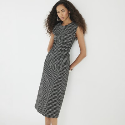 Black Sleeveless Pintuck Checked Midi Dress