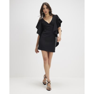 Black Sleeveless Ruffle Shoulder Mini Dress