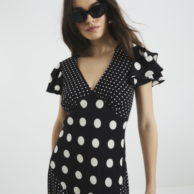 LILBETTER Women's Off Shoulder Ruffle Maxi Dress – Side Split Beach Dress With Pockets | Polka Dot Long Party Dress (Black, Large) - View #10