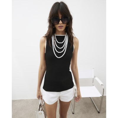 Black Sleeveless Tipped Cut Out Back Top
