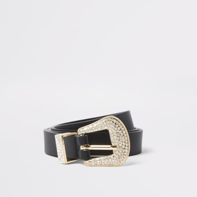 Black slim diamante Western belt