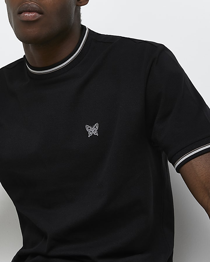 Black slim fit butterfly logo tipped t-shirt