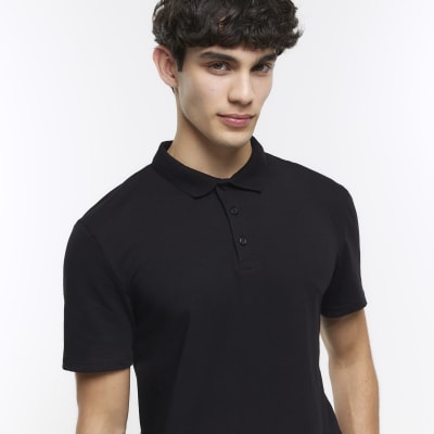 Black slim fit buttoned polo shirt River Island