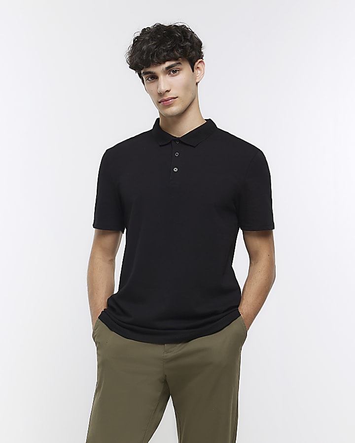 Black slim fit buttoned polo shirt