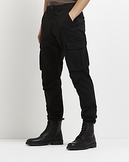Black slim fit casual cargo trousers