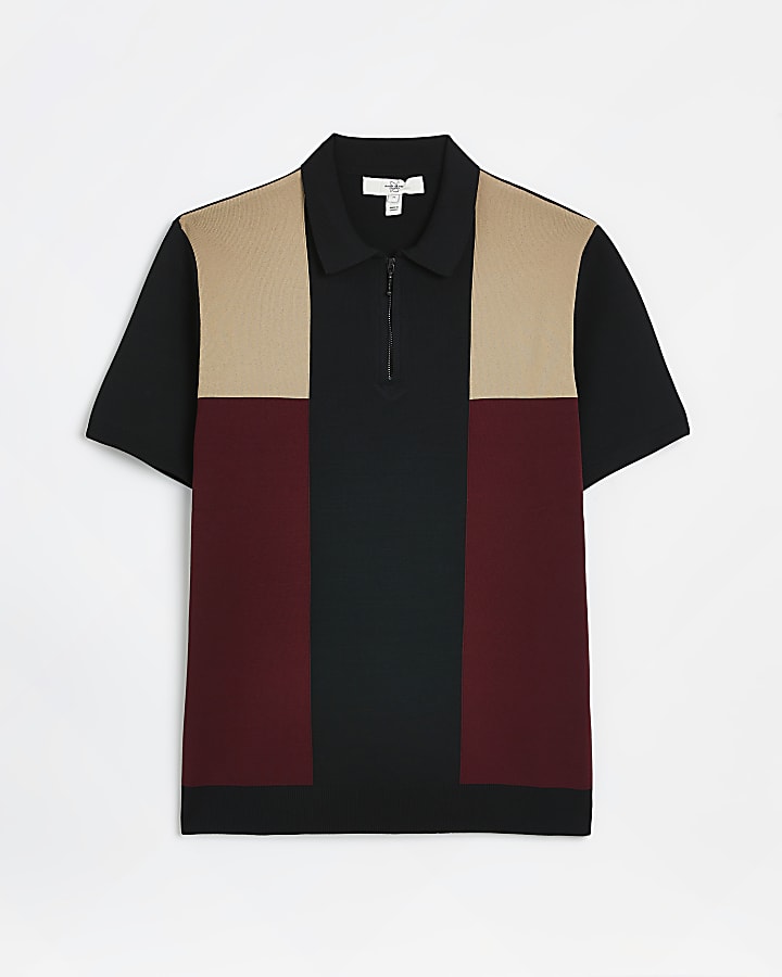 Black slim fit colour block knit Polo shirt