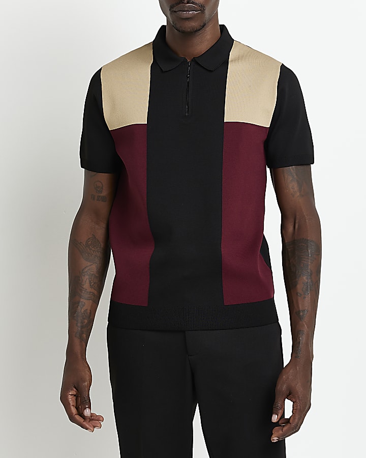 Black slim fit colour block knit Polo shirt