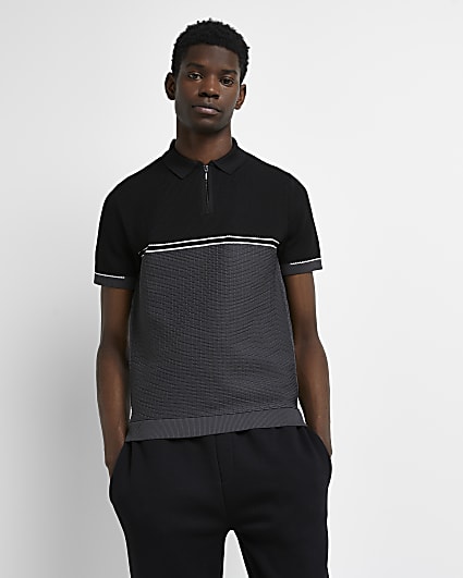 Black slim fit colour block polo shirt