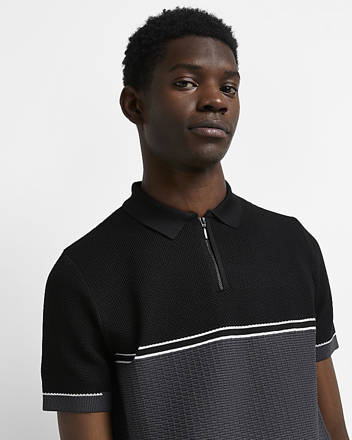 Black slim fit colour block polo shirt