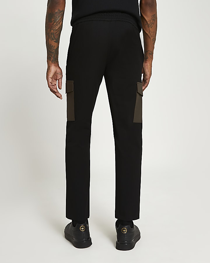 Black slim fit contrast pocket cargo trousers