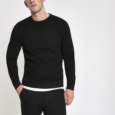 Black slim fit crew neck knitted jumper | River Island