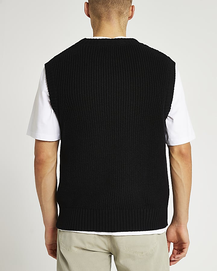 Black slim fit crew neck knitted vest